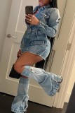 Blue Casual Solid Patchwork Turndown Collar Long Sleeve Regular Denim Dresses (With Pantyhose)