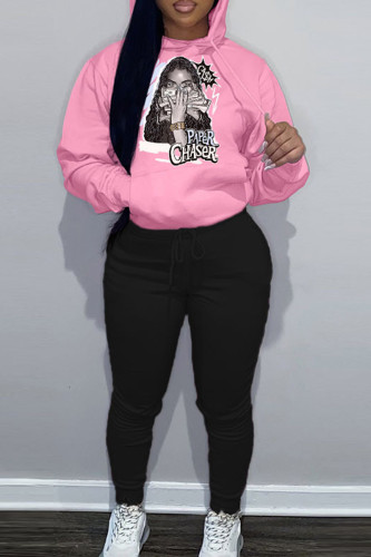 Pink Casual Graphics Print Hooded Collar Long Sleeve Sweatshirt And Draw String Pocket Skinny Pants Two Pieces Jogger Sets