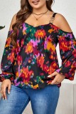 Black Casual Print Hollowed Out Backless Spaghetti Strap Plus Size Tops
