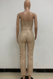 Pink Gold Street Solid Bandage Sequins Patchwork Strapless Regular Jumpsuits