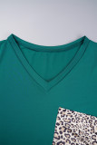 Tinta Verde Casual Leopard Patchwork Gola V Plus Size Duas Peças