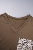 Dark Brown Casual Leopard Patchwork V Neck Plus Size Two Pieces