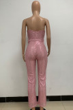 Pink Gold Street Solid Bandage Sequins Patchwork Strapless Regular Jumpsuits