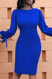 Kleurrijke blauwe casual effen frenulum O-hals jurken met lange mouwen