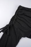 Zwarte casual effen jurk met frenulum schuine kraag en lange mouwen met trekkoord
