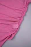 Rosafarbenes, sexy, solides, durchsichtiges, asymmetrisches Zweiteiler mit O-Ausschnitt und langen Ärmeln