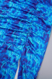 Blaue, lässig bedruckte, rückenfreie, langärmlige Kleider mit quadratischem Kragen und Schlitz