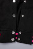 Black Casual Letter Embroidery Cardigan Outerwear