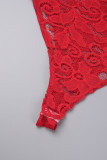 Красный сексуальный однотонный кружевной вырез в стиле пэчворк с прозрачным круглым вырезом и длинным рукавом из двух частей