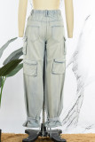 Svart Casual College Solid Ripped Make Old Patchwork Pocket High Waist Denim Jeans