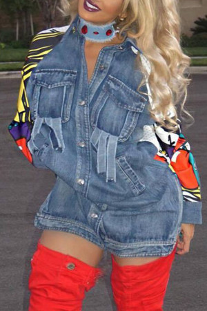 The cowboy blue Casual 3D Digital Print Patchwork Turndown Collar Long Sleeve Regular Denim Jacket