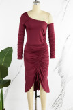 Bordeauxrode casual effen trekkoord frenulum rugloze schuine kraag jurken met lange mouwen