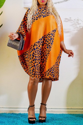 Orange Casual Print Basic O Neck Long Sleeve Plus Size Dresses