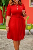Red Casual Solid Patchwork O Neck Pleated Dresses