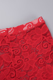 Красный сексуальный однотонный кружевной вырез в стиле пэчворк с прозрачным круглым вырезом и длинным рукавом из двух частей