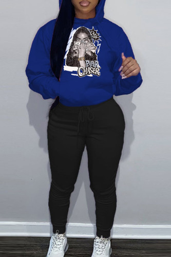 Blue Casual Graphics Print Hooded Collar Long Sleeve Sweatshirt And Draw String Pocket Skinny Pants Two Pieces Jogger Sets