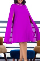Фиолетовые повседневные однотонные лоскутные платья с круглым вырезом и длинными рукавами