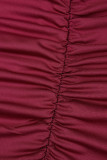 Бордовые повседневные однотонные платья с уздечкой и открытой спиной, косым воротником и длинными рукавами