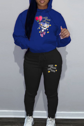 Blue Casual Graphics Print Hooded Collar Long Sleeve Sweatshirt And Draw String Pocket Skinny Pants Two Pieces Jogger Sets