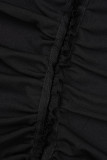 Schwarze, lässige, einfarbige, langärmlige Kleider mit Kordelzug, Frenulum und schrägem Kragen