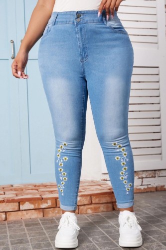 Azul Claro Casual Bordado Patchwork Plus Size Jeans