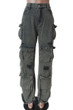 Jeans in denim a vita alta con tasca patchwork vecchio stile college casual nero strappato solido