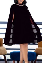 Zwarte casual effen patchwork kettingen O-hals jurken met lange mouwen