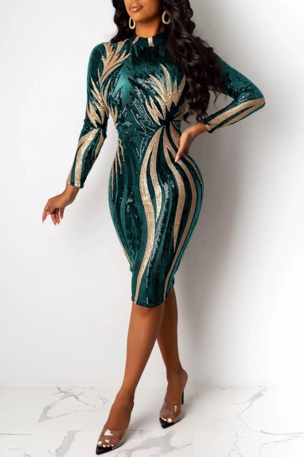 Grönt Mode Sexigt Patchwork Paljetter Genomskinliga O-halsade långärmade klänningar