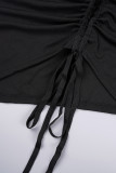 Zwarte casual effen jurk met frenulum schuine kraag en lange mouwen met trekkoord