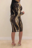 Green Fashion Sexy Patchwork Sequins See-through O Neck Long Sleeve Dresses