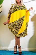 Yellow Casual Print Basic O Neck Long Sleeve Plus Size Dresses