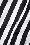 Black Casual Striped Bandage Hollowed Out Patchwork Mandarin Collar Long Sleeve Two Pieces
