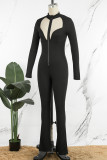 Black Sexy Solid Hollowed Out Patchwork Zipper Skinny Jumpsuits