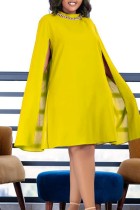 Gele casual effen patchwork kettingen O-hals jurken met lange mouwen