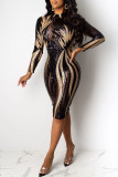 Apricot Fashion Sexy Patchwork Sequins See-through O Neck Long Sleeve Dresses