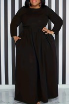 Черные повседневные однотонные лоскутные платья больших размеров с круглым вырезом и длинным рукавом
