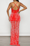 Vermelho elegante sólido retalhos malha quente broca zíper cinta de espaguete vestidos de saia de uma etapa