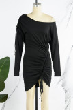 ブラック カジュアル ソリッド ドローストリング 小帯 斜め襟 長袖 ドレス