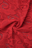 Renda sólida sexy vermelha escavada patchwork transparente gola redonda manga comprida duas peças