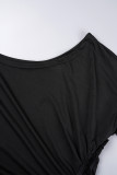 Negro Casual Sólido Cordón Frenillo Cuello oblicuo Manga larga Vestidos