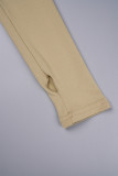Khaki Casual Solid Slit Asymmetrical O Neck Long Sleeve Dresses