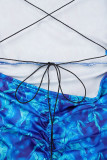 Синие повседневные платья с открытой спиной и квадратным воротником с принтом и длинными рукавами