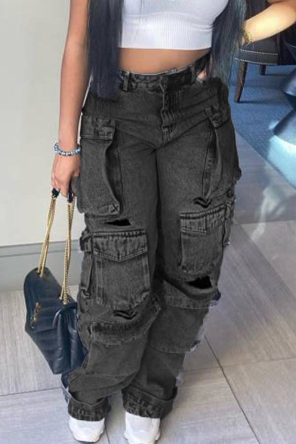 Zwarte casual college effen gescheurde denim jeans met oude patchworkzak en hoge taille