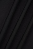 ブラック カジュアル ソリッド ドローストリング 小帯 斜め襟 長袖 ドレス