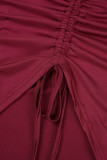 Bordeauxrode casual effen trekkoord frenulum rugloze schuine kraag jurken met lange mouwen