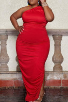 Célébrités rouges élégant solide Patchwork fente une épaule robe irrégulière robes de grande taille