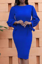 Красочные синие повседневные однотонные платья с длинными рукавами и круглым вырезом с уздечкой