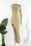 Kaki Casual Solid Slit Asymmetrisk O-hals långärmade klänningar