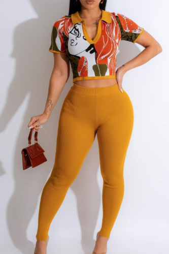 Earth Yellow Casual Print Patchwork Turndown Collar Short Sleeve Two Pieces