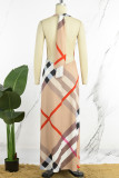 Bruine sexy casual print bandage backless halter lange jurk jurken
